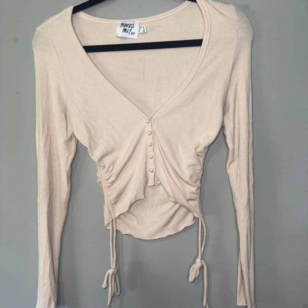 Princess Polly Ruched Drawstring V Neck Ribbed Knit Long Sleeve Top Beige Size 2